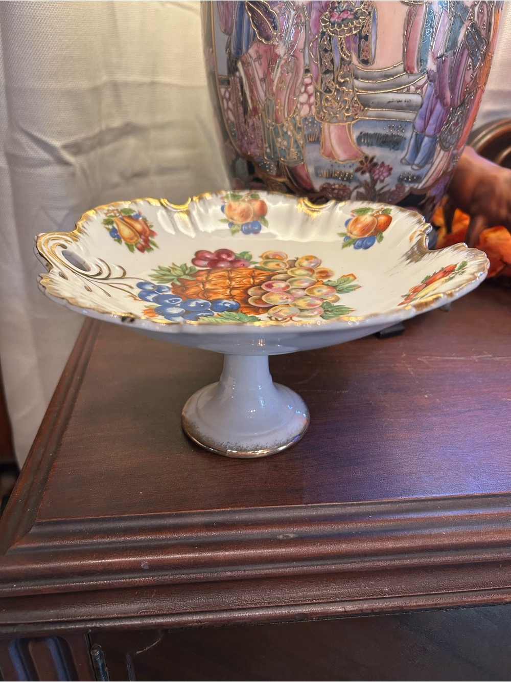Decorative White Fruit-Pattern Pedestal Compote with Gold Trim, grapes
